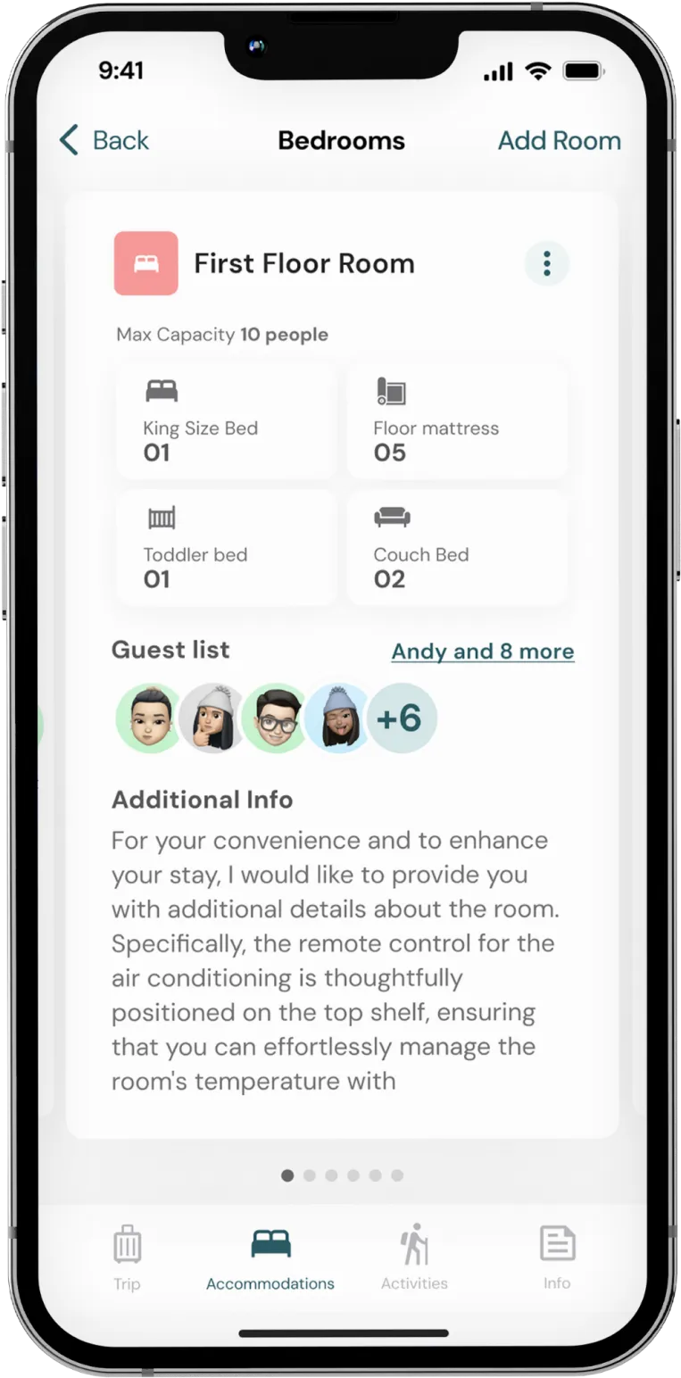 AvoSquado accommodation screen with bedroom assignment